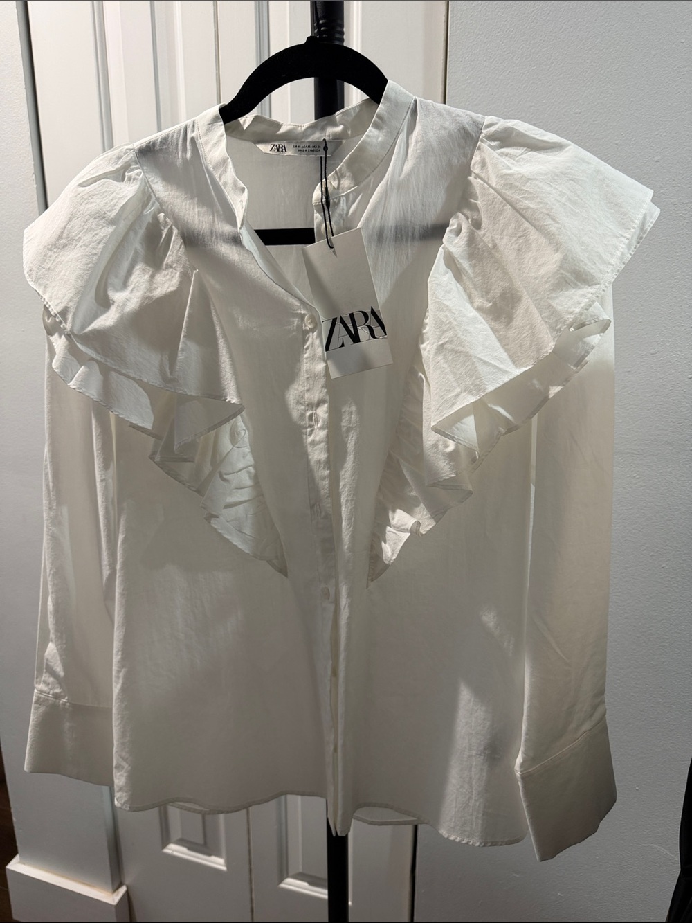 ZARA White Ruffle Collar Button-Front Blouse NWT